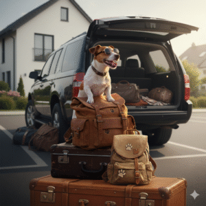 KI generiertes Bild eines Jack Russel, der vor einem Auto auf Koffern sitzt. Der Hund trägt eine Sonnenbrille.