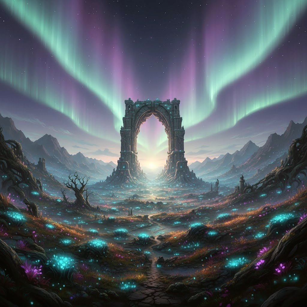 Steintor in surrealer Landschaft