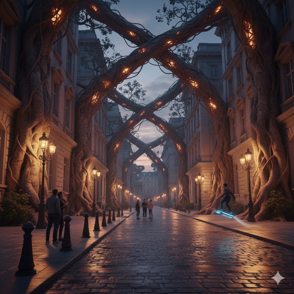 Urbane Straße mit Wurzelbäumen