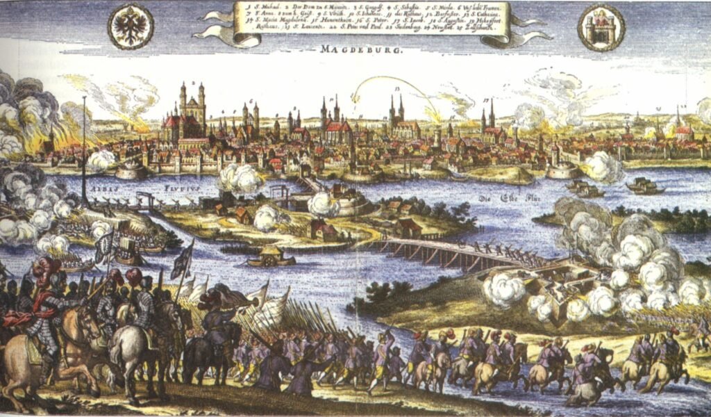 Sack_of_Magdeburg_1631 (1) Plünderung von Magdeburg 1631, kaiserliche Truppen erobern im April 1631 die Zollredoute und die Vororte