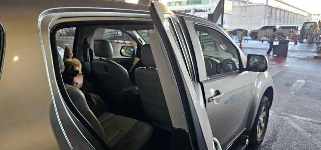 Yumi sitzt im Auto und ist bereit zur Abfahrt