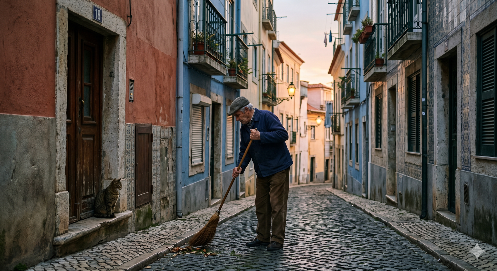 Wie plane ich eine Reise: Gasse mit Mann und Katze in Lissabon